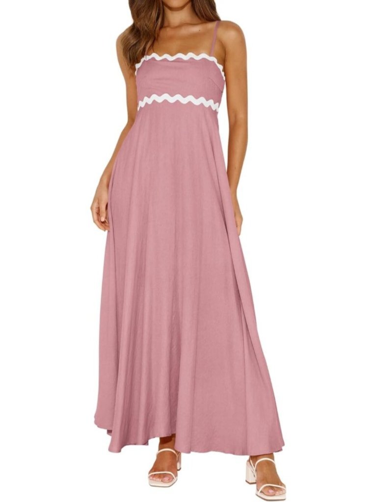 Women's Grey Pink Spaghetti Strap Casual Sleeveless Smocked Boho Maxi Dress